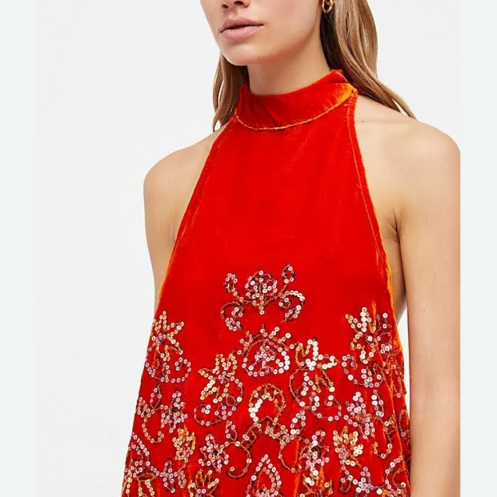FREE PEOPLE Jills Sequin Swing Halter Dress Orange XSmall - Picture 2 of 9